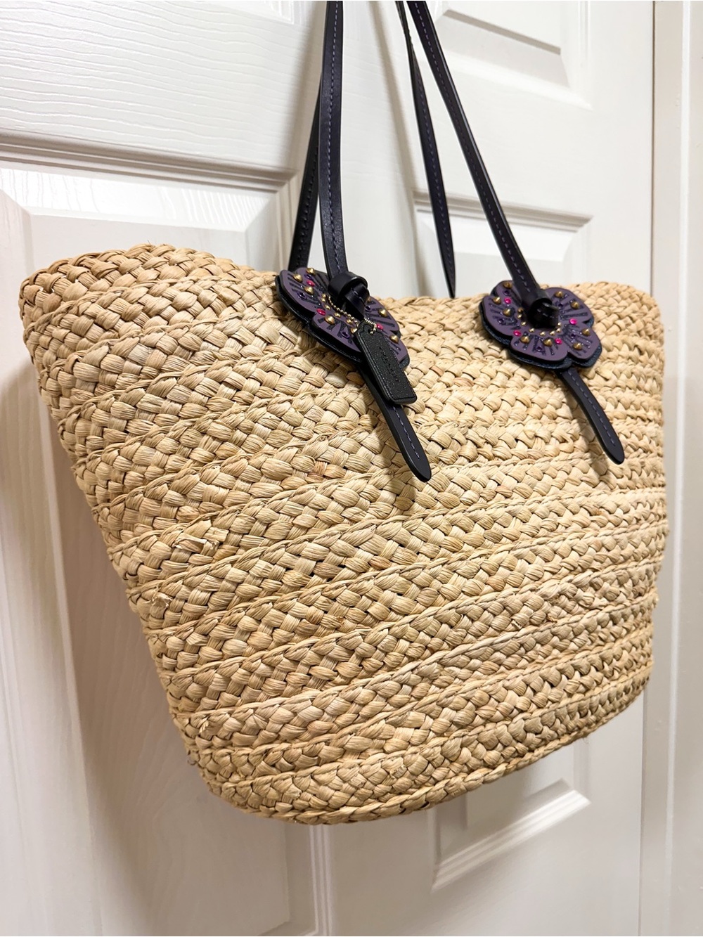 Coach Tea Rose Large Woven Straw Summer Tote Leather Trim Shoulder Bag - Picture 3 of 12